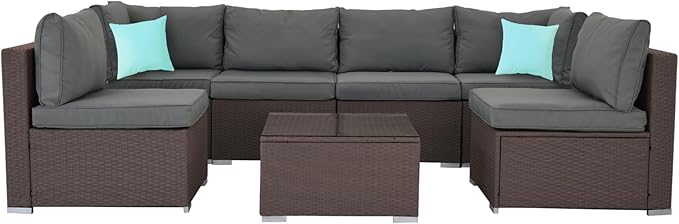7-Piece Patio Furniture Set - Outdoor Sectional Sofa Set with Cushions and Glass-Top Coffee Table for Gardens, Poolside, Backyards and Porches, Wine/Grey