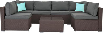 7-Piece Patio Furniture Set - Outdoor Sectional Sofa Set with Cushions and Glass-Top Coffee Table for Gardens, Poolside, Backyards and Porches, Wine/Grey