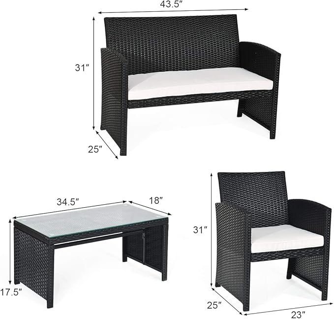 COSTWAY 4 Pieces Patio Rattan Furniture Set, Outdoor Wicker Conversation Set with Soft Cushions & Tempered Glass Coffee Table, Cushioned Chair Sofa for Backyard, Porch, Poolside, Lawn, Garden, White