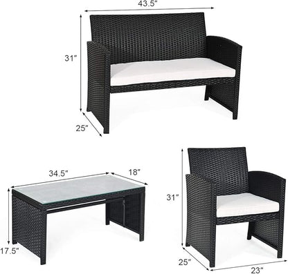 COSTWAY 4 Pieces Patio Rattan Furniture Set, Outdoor Wicker Conversation Set with Soft Cushions & Tempered Glass Coffee Table, Cushioned Chair Sofa for Backyard, Porch, Poolside, Lawn, Garden, White