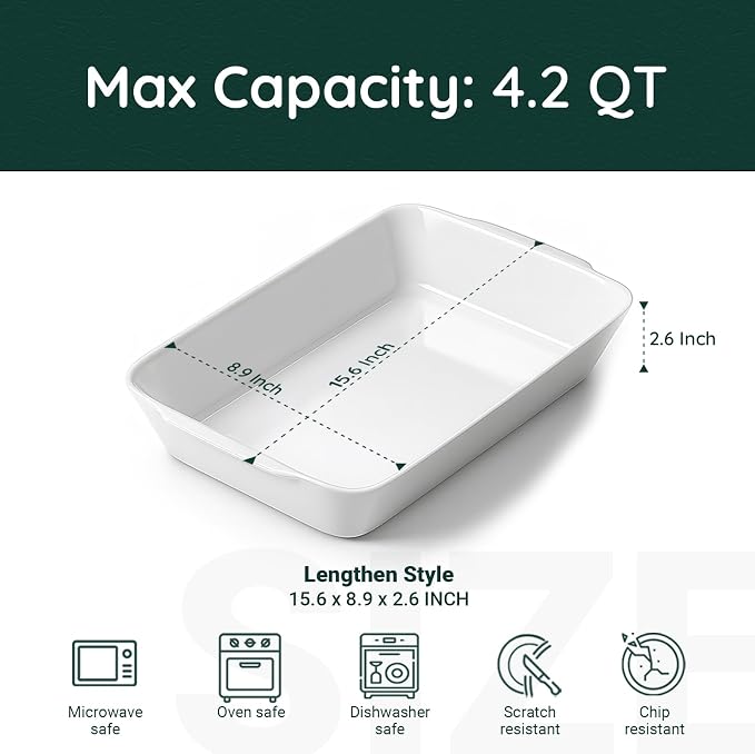 HOMBENE 4.2 QT White Casserole Dishes for Oven, Baking dishes with Roasting Racks, Rectangular Lasagna Pan with Handles for Baking, Ceramic Baking Pan, Microwave Oven Safe
