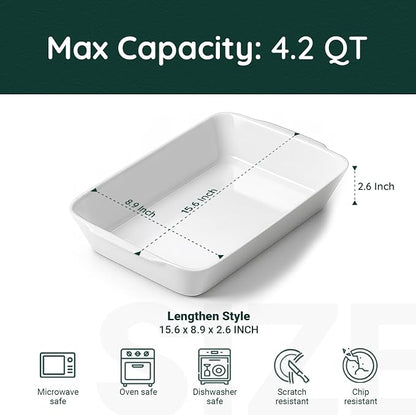 HOMBENE 4.2 QT White Casserole Dishes for Oven, Baking dishes with Roasting Racks, Rectangular Lasagna Pan with Handles for Baking, Ceramic Baking Pan, Microwave Oven Safe