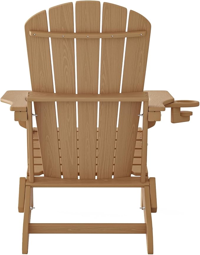 Plawdlik Folding Adirondack Chair, Cup Holder,SGS Tested, Wooden Textured, Heavy All-Weather HDPE Comfortable Set Poolside Backyard Lawn Teak Set 2