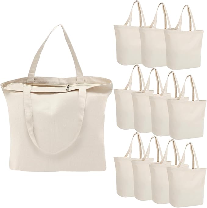 Segarty Canvas Tote Bag with Zipper, 12 PACK 19.7 x 15.7 inch Bags with Handles, 12 Oz Thick Reusable Washable Grocery Shopping Plain Totes for Teacher DIY Art Crafts Painting Decoration