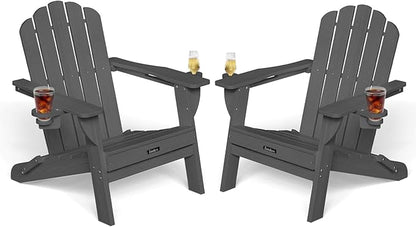 Folding Adirondack Chairs Set of 2,All-Weather HDPE Fire Pit Chair with 2 Cup Holders, Plastic Outdoor Chair for Patio Deck Garden Lawn, Dark Grey
