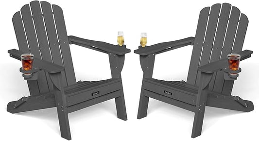 Folding Adirondack Chairs Set of 2,All-Weather HDPE Fire Pit Chair with 2 Cup Holders, Plastic Outdoor Chair for Patio Deck Garden Lawn, Dark Grey