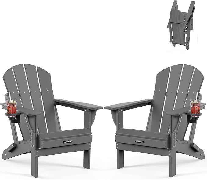 MUCHENGHY Folding Adirondack Chairs Set of 2 HDPE Weather Resistant, Patio Firepit Chairs, Sturdy Outside Chairs, Lawn Chairs, 15min Assembly 380lb Grey