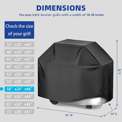 BBQ Gas Grill Cover for Outdoor, Anti-UV, Rip-Proof, 600D Oxford Fade Resistant Material, Barbecue Cover with Hook and Loop Straps & Adjustable Hem Drawstring (Black, 58”x24”x46”)