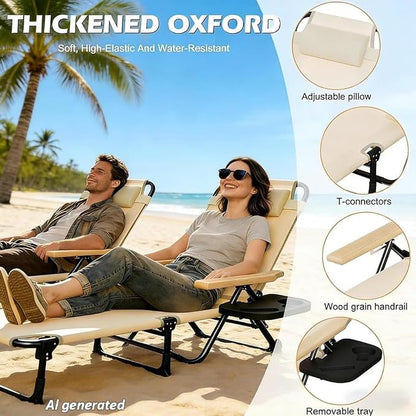 Folding Chaise Lounge Chair Outdoor, Folding Sun Lounger with 4-Position Reclining Back, Foldable Tanning Chair with Adjustable Headrest, Beach Lounge Chair for Poolside Backyard Camping (Beige)