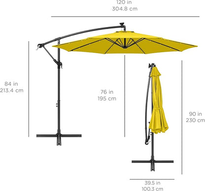 Best Choice Products 10ft Solar LED Offset Hanging Market Patio Umbrella for Backyard, Poolside, Lawn and Garden w/Easy Tilt Adjustment, Polyester Shade, 8 Ribs - Yellow
