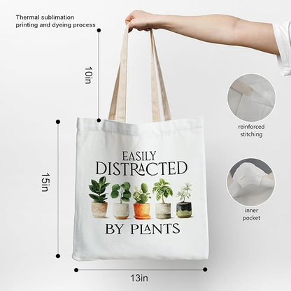 Funny Plant Tote Bag, Plant Lover Mom Lady Gifts Canvas Tote Bags, Gardening Gardener Gifts for Women, Easily Distracted by Plants Reusable Grocery Shopping Bags