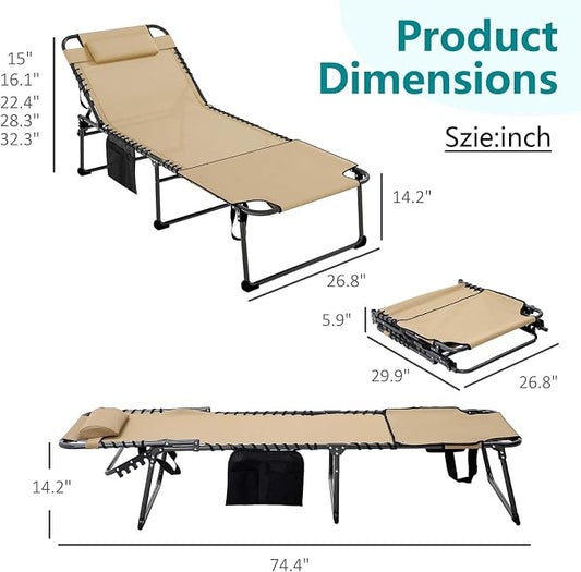 Sun Tanning Chair with Face Hole, Heavy Duty Adjustable 5-Position Folding Laying Out Chairs for Tanning, Beach Lounge Chairs for Adults for Outdoor Sunbathing Patio Pool Lawn (Deep Beige)