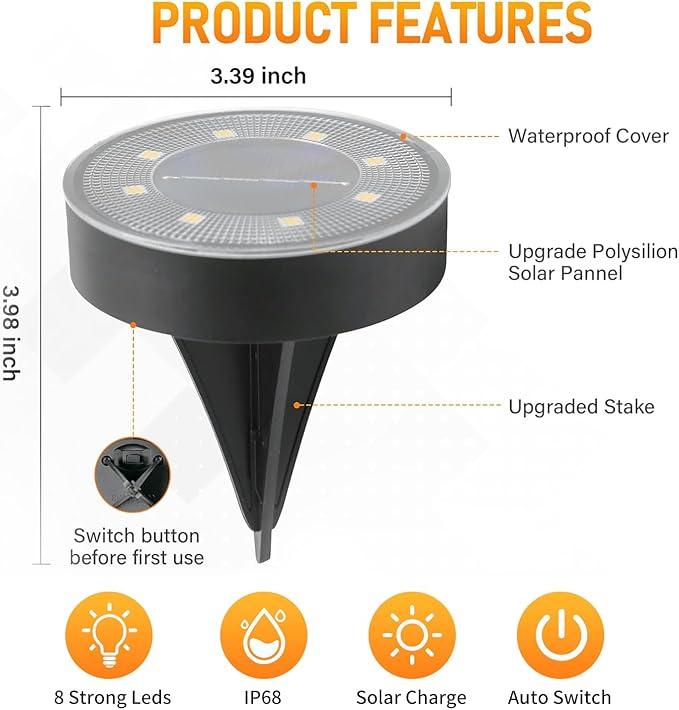 Ground Lights 12 Pack, IP68 Waterproof Solar Disc Lights for Outdoor, Flat Garden Light, In-Ground Light, Landscape Lighting for Pathway, Walkway, and Yard-12 Pcs (Warm White)