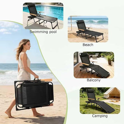 Foldable Chaise Lounge Chair Outdoor, Tanning Chair with 4-Position Reclining Back, Folding Sun Lounger, Outdoor Lounge Chair for Beach, Poolside, Backyard, Camping, UPF 50+, 300 LBS