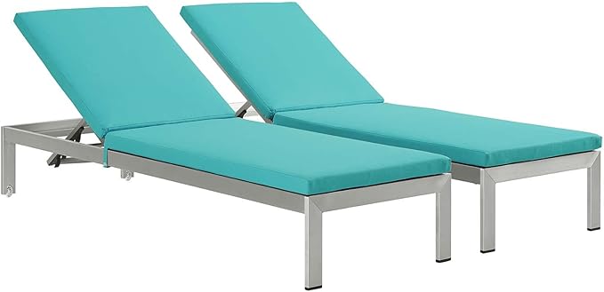 Modway Shore Aluminum Outdoor Patio Two Chaise Lounge Chairs with Cushions in Silver Turquoise