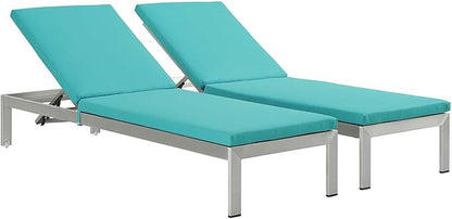 Modway Shore Aluminum Outdoor Patio Two Chaise Lounge Chairs with Cushions in Silver Turquoise
