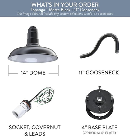 Steel Lighting Co. Topanga Barn Light | Outdoor Wall Mounted | Farmhouse Garage Light Made in America | 14 inch Dome | 11 inch Gooseneck | Matte Black Exterior/White Interior