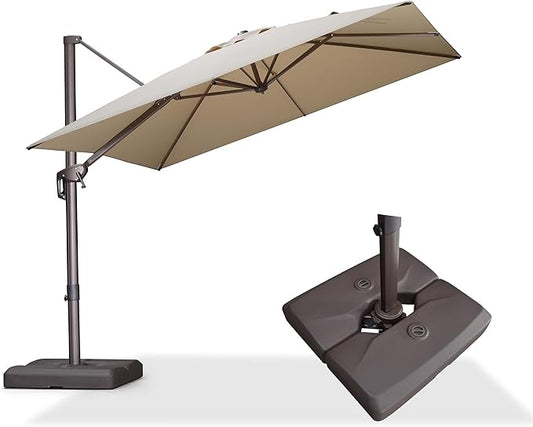 PURPLE LEAF 9' X 9' Patio Umbrella With Base Square Cantilever Umbrella Outdoor with 360° Rotation and Aluminum Offset Hanging for Pool Deck Garden Backyard, Beige