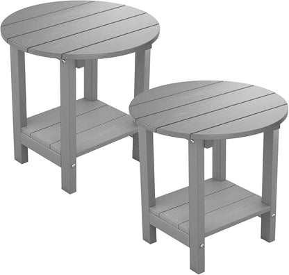 MXIMU Round Outdoor Side Table Adirondack Tables 18 Inch Chairside End Tables with Storage Shelf, 2-Tier Plastic Patio Side Table, Weather Resistant for Balcony Backyard Lawn (Grey, 2 Pack)