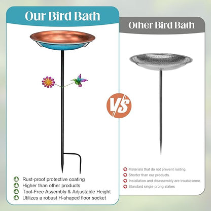 WANGIRO 11.4" Standing Bird Bath for Outdoors - 33" Tall Metal Birdbaths with Trellis Stake,Retro Copper & Blue Garden Decor, Detachable Bowl with Hummingbird & Flower Accent for Yard, Patio, Lawn