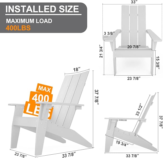 MXIMU Modern Adirondack Chair Weather Resistant with Cup Holder Oversized Fire Pit Chairs Adorondic Plastic Outdoor Chairs for Firepit Area Seating (White)