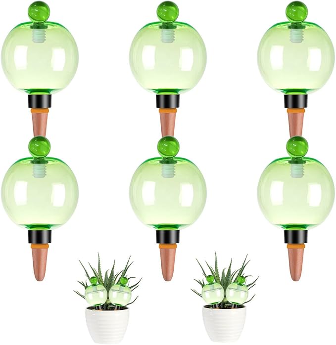 6 Pack Self Watering Globes 17oz Large Plant Watering Globes Top Fill, Self Water Planter Insert Indoor/Outdoor Plastic Water Bulbs Slow Release Terracotta for Plants, Green