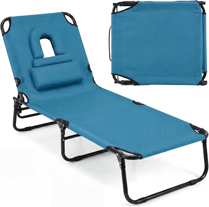 GYMAX Tanning Chair, 330lbs Beach Lounge Chair with Face Hole, Washable Pillow & Carry Strap, Adjustable Folding Chaise Lounge, Layout Lounger for Outside, Patio, Poolside, Lawn (1, Blue)