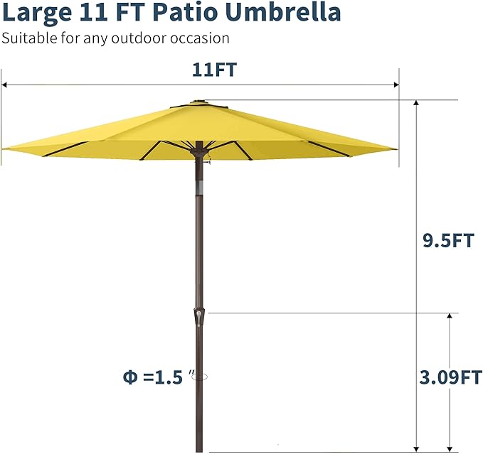 PatioKingdom 11FT Patio Umbrella,Outdoor Umbrella with Push Button Tilt and Crank,Market Table Umbrella with 8 Sturdy Fiberglass Ribs UV Protection(Yellow, 11FT)