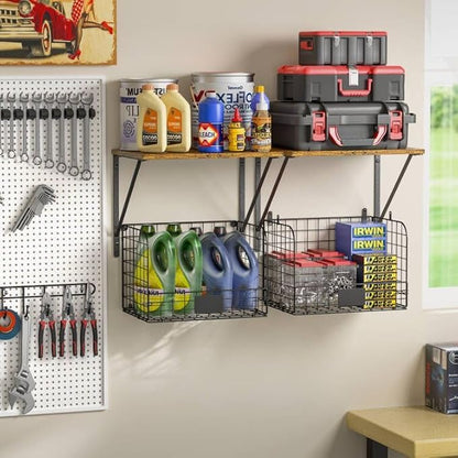 ThreeHio 2 Pack Garage Shelves Wall Mounted with Wire Storage baskets, Heavy Duty Garage Wall Shelving with Hooks, Wooden floating shelves Tool Organizer for Home Garden Garage Organizers and Storage