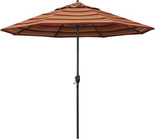 California Umbrella 9' Rd Aluminum Patio Umbrella, Crank Lift, Auto Tilt, Black Finish, Sunbrella Astoria Sunset