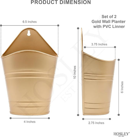 Hosley Set of 2 Gold Wall Planter with PVC Linner 6.25" L x 4" W x 10" H, Ideal Gift for Floral Arrangements Wedding Home Office Party DIY Indoor Outdoor Garden Patio