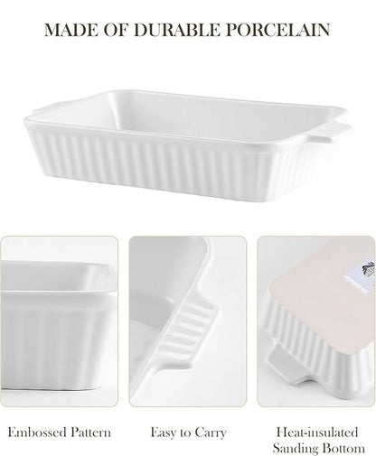 MALACASA Casserole Dishes for Oven, Porcelain Baking Dishes, Ceramic Bakeware Sets of 4, Rectangular Lasagna Pans with Handles for Baking Cake Kitchen, White (9.4"/11.1"/12.2"/14.7")