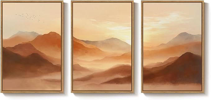 Framed Orange Abstract Mountain Wall Art for Living Room, 3 Piece Large Landscape Sunset Scenic Canvas Artwork for Walls, Modern Terracotta Paintings Prints for Hallway Office Wall Decor, 24x36 Inch