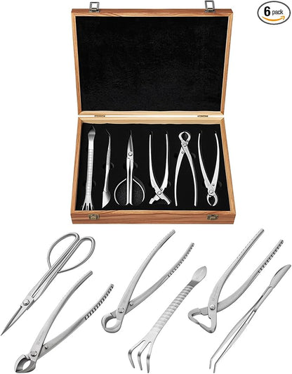 Bonsai Tool Set 6PCS with Wood Box– Concave Cutter, Knob Cutter, Pruning Shears, Trunk Splitter, Root Rake & Precision Tweezers – Professional Stainless Steel Bonsai Tools for Pruning & Repotting