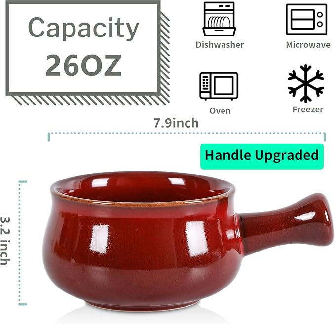 vicrays French Onion Soup Bowls With Handles, 26 Ounce for Soup, Chili, Beef Stew, Chip Resistant, Dishwasher Microwave Safe, Set of 4 (Cherry Red)