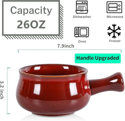 vicrays French Onion Soup Bowls With Handles, 26 Ounce for Soup, Chili, Beef Stew, Chip Resistant, Dishwasher Microwave Safe, Set of 4 (Cherry Red)