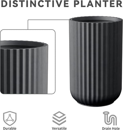 Kante Tall Fulted Planter, 21.7 Inch Tall Round Concrete Plant Pots with Drainage Hole and Rubber Plug, Modern Decor for Indoor Outdoor Plants, Flower, Black