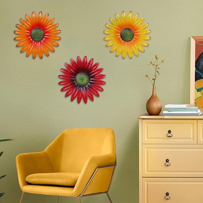 hogardeck Metal Flower Wall Decor - 3 Pcs 9" Outdoor Wall Art Backyard Decorations Hanging for Kitchen, Living Room, Bathroom, Garden