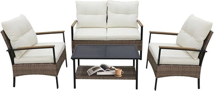 COOS BAY Sunset Haven Outdoor Patio Furniture Set, Outdoor Conversation Set, Rattan Wicker Sofa, Loveseat, 2 Patio Chairs and Coffee Table, Brown/Beige