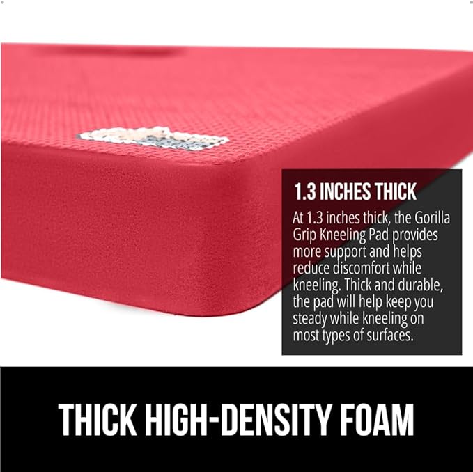 GORILLA GRIP Extra Thick Patent Pending Soft Foam Kneeling Pad, 2 PK, Supportive Large Cushion Knee Pads for Gardening, Baby Bath, Dirt and Water Resistant, Workout and Garden Supplies, 17.5x11, Red