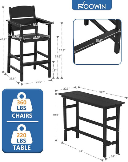 FOOWIN 3 Piece Outdoor Bar Height Table and Chairs, All Weather HDPE Patio Bar Set Outdoor Bistro Set,Adirondack Bar Chairs Set of 2 Outdoor Furniture for Bistro, Poolside, Backyard Black