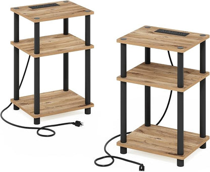 Furinno JUST Side Table Set of 2, 3-Tier Modern End Table with Charging Station, Open Shelf Night Stand, Bedside Table with USB and Type-C Port, for Living Room, Bedroom, Flagstaff Oak