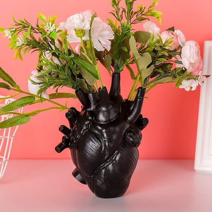 Resin Vase Planter, Decorative Heart Vase - Anatomical Heart Tabletop Decorative Craft, Farmhouse Living Room Bedroom Countertop (Black,Large)