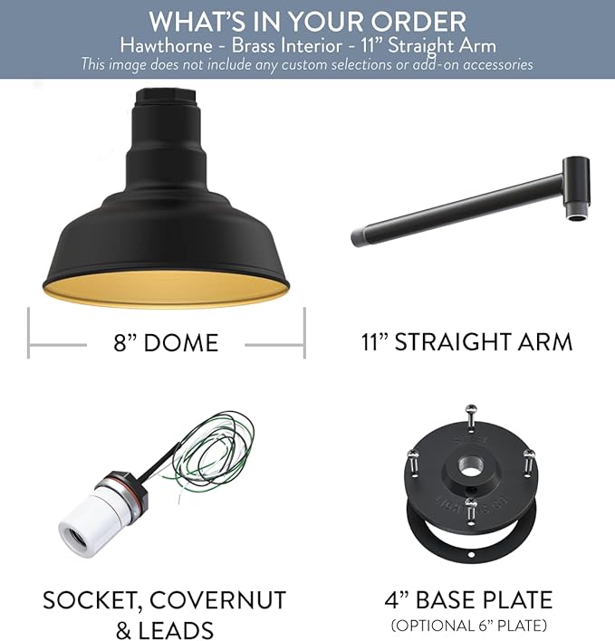 Steel Lighting Co. | Dusk to Dawn | Hawthorne Barn Light | Outdoor Wall Mounted | 8 in Dome | 11 inch Straight Arm| Small Farmhouse Light Made in America | Matte Black Exterior/Brass Interior