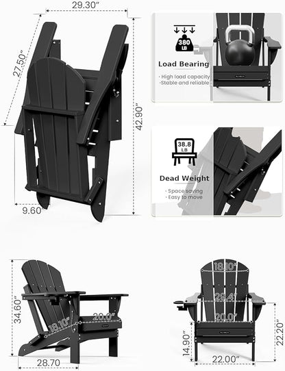 MUCHENGHY Folding Adirondack Chairs 6 Pack, Patio Chairs, Fire Pit Chairs, Outdoor Chairs, Plastic Adirondack Chairs, Lawn Chairs Weather Resistant with Cup Holder for Deck, Backyard, Garden(Black)