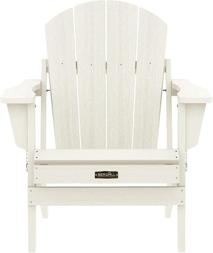 SERWALL Folding Adirondack Chair Set of 2, All Weather Patio Chair with Wood Texture, Fire Pit Chairs for Outdoor - White