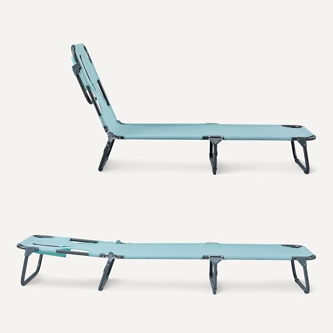 Amazon Basics Outdoor Lounge Tanning Chair, Foldable Chaise with Multi-Angle Backrest, Quick-Drying Polyester, Portable with Carry Strap, Blue, 1-Pack