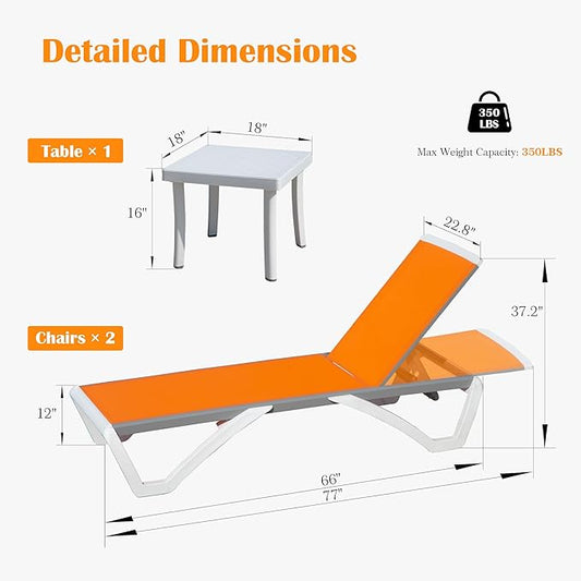 Domi Outdoor Lounge Chair Set of 3, Aluminum Patio Chaise Lounge with 5 Position Adjustable Backrest and Wheels, All Weather Reclining Chair for Patio, Yard, Balcony, Poolside (Orange)