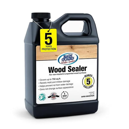 Rain Guard Wood Sealer Concentrate | Makes 5 Gallon | Protects Wood from Water Damage, Rotting, and Stains | Water Based Silane/Siloxane | Eco-Friendly | VOC-Free | Natural Finish