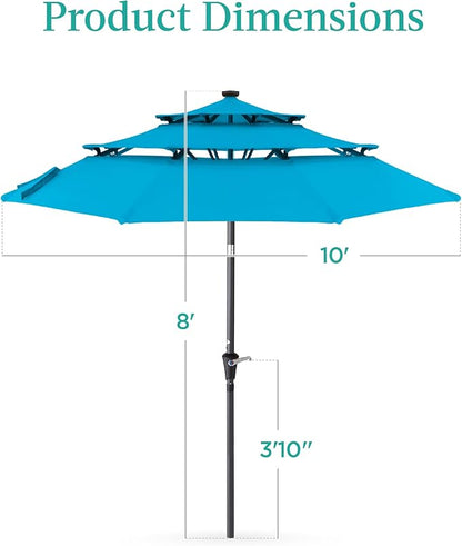 Best Choice Products 10ft 3-Tier Solar Patio Umbrella, Outdoor Market Sun Shade for Backyard, Deck, Poolside w/ 24 LED Lights, Tilt Adjustment, Easy Crank, 8 Ribs - Sky Blue